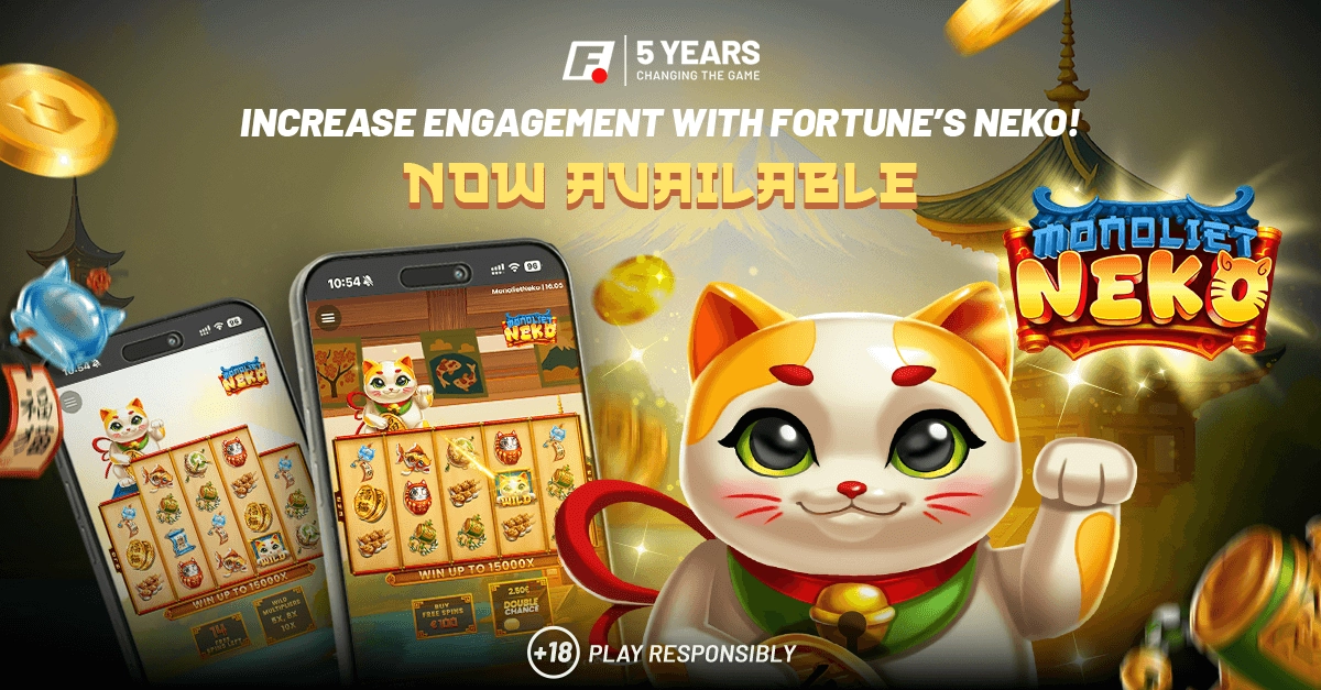Gameplay normal do slot online Monoliet Neko acompanhado do logo e da personagem deste jogo da FBMDS